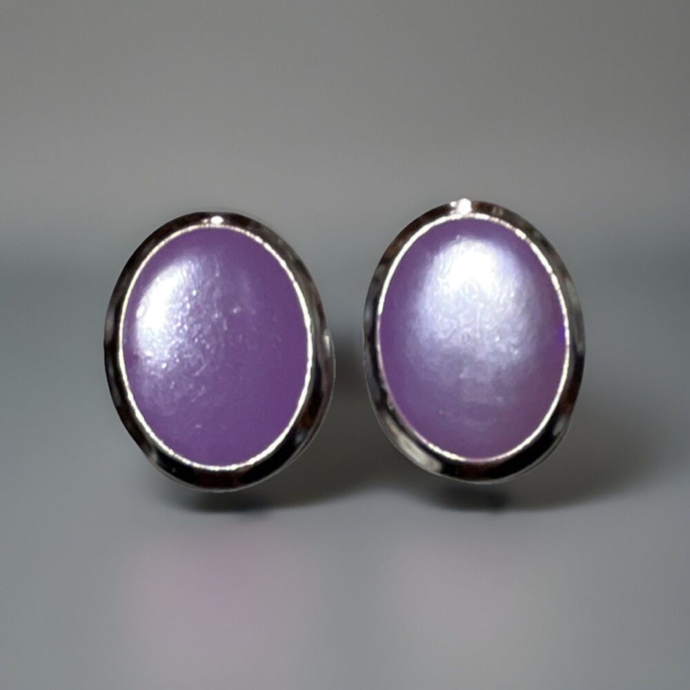 Vintage 80’s Oval Purple Earrings Silver Tone Fixed Back Metal Enamel